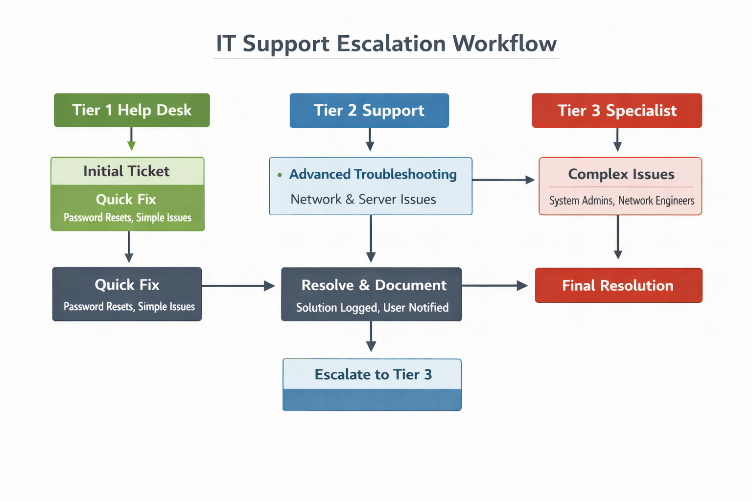Diagram showing an IT support escalation workflow from Tier 1 help desk to Tier 3 specialist resolution