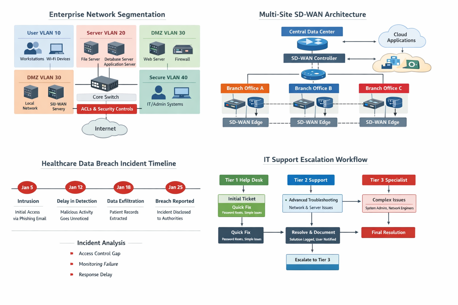 Portfolio diagram panel including enterprise network segmentation, SD-WAN architecture, healthcare breach timeline, and IT support escalation workflow